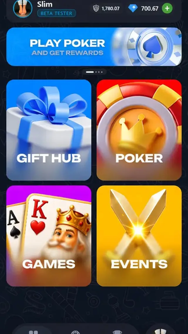 Medal hub with gifts, poker, games and events
